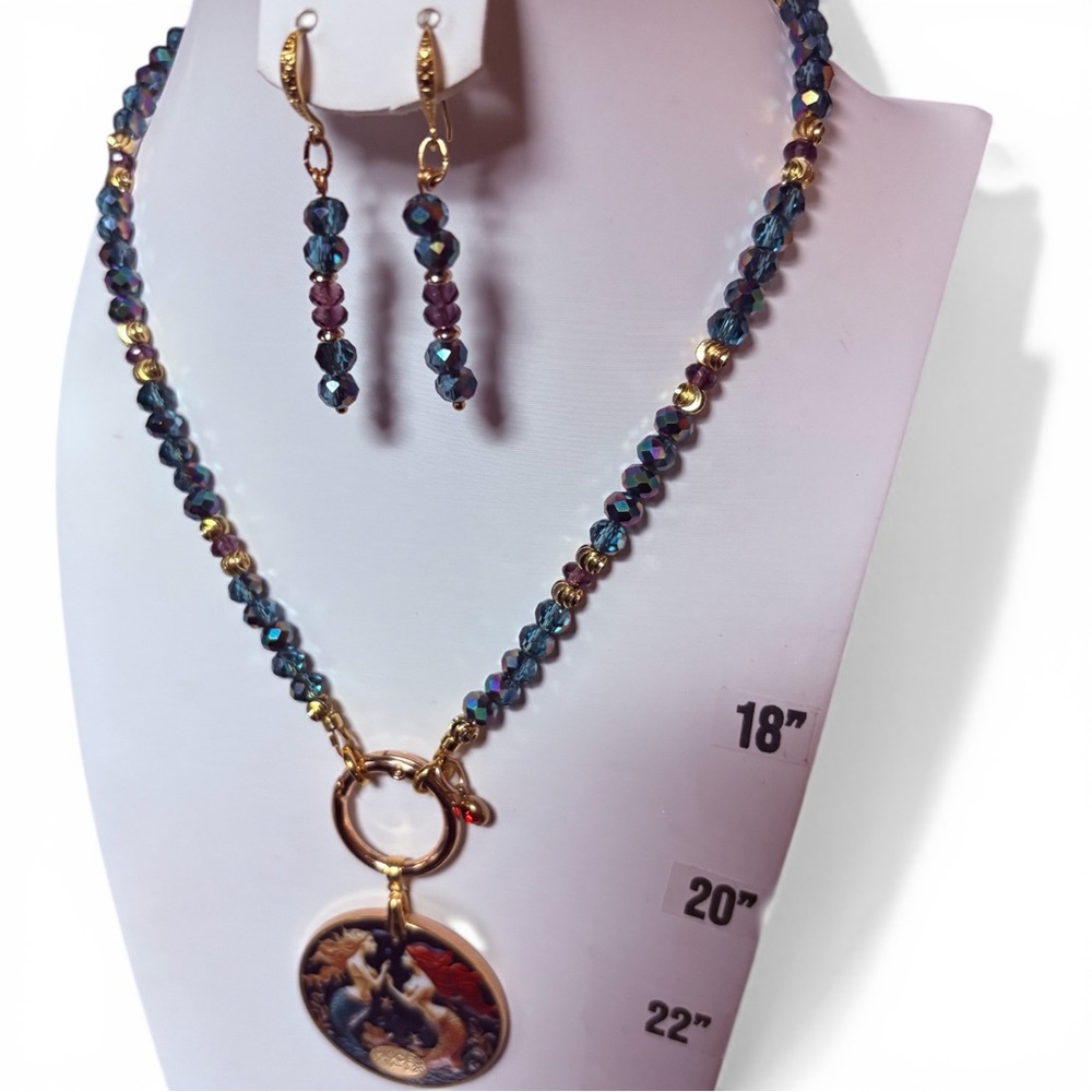 Artisan Handmade Gold Blue Pisces Mermaid Zodiac Coin Reversible Necklace Set - Picture 13 of 13